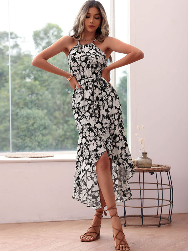 European and American halter neck print white dress