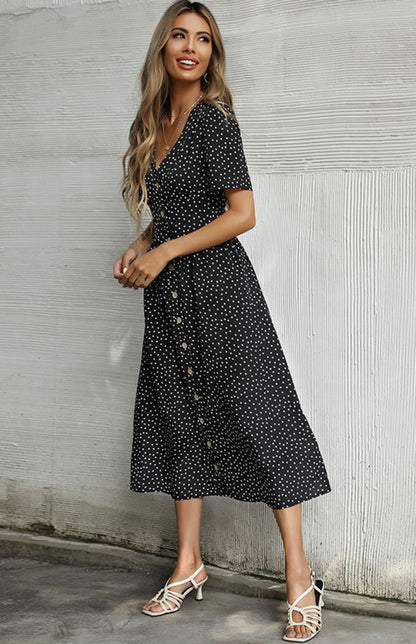 Polka Dot V-Neck Short Sleeve Commuter Dress