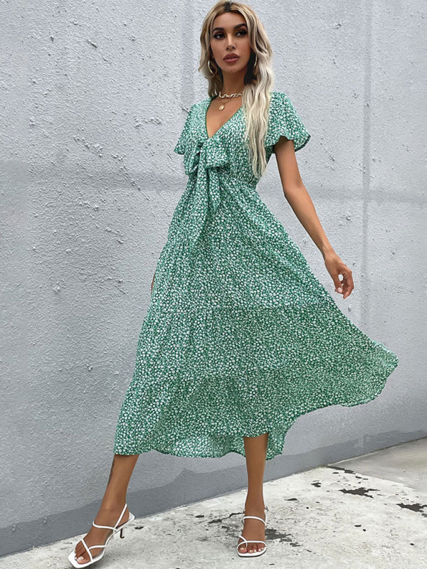 Women's Short Sleeve Green Print V-Neck Dress