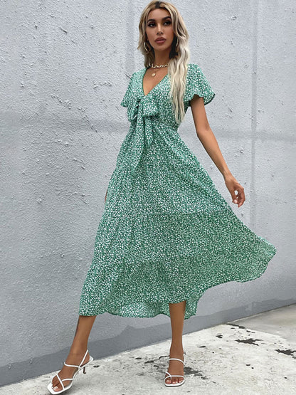 Women's Short Sleeve Green Print V-Neck Dress