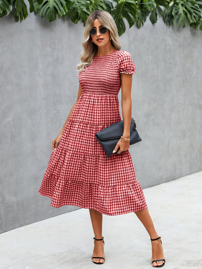 Women's fashion Plaid print pleated short sleeved dress