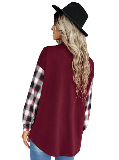 Women's fashion Plaid patchwork Polo loose shirt