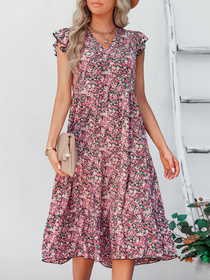 Women's V-neck flying sleeve floral dress long skirt