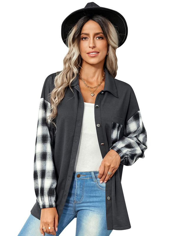 Women's fashion Plaid patchwork Polo loose shirt