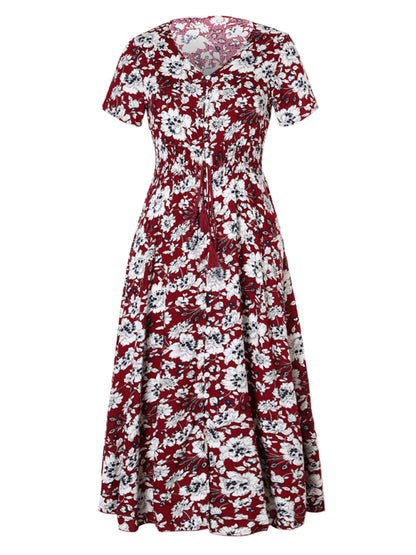 Women's Floral Print V-Neck Split Maxi Dress