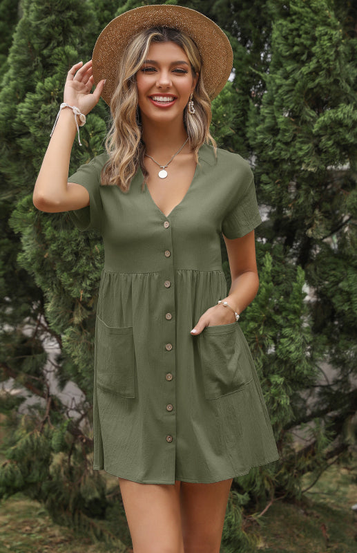 Women's Loose Shirt Dress V-Neck Short Sleeve Pleated Cotton Linen Dress