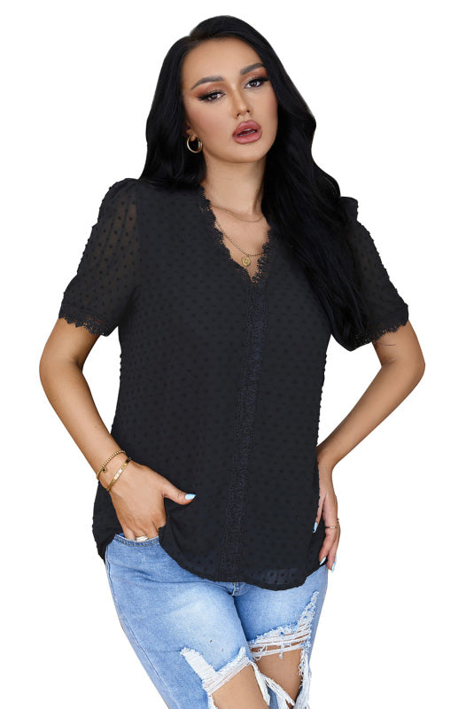 Women’s Lace Splicing V-Neck Swiss Dot Short Sleeve Top