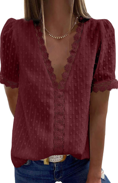 Women’s Lace Splicing V-Neck Swiss Dot Short Sleeve Top