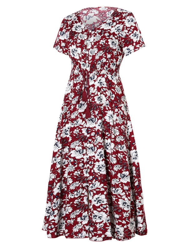 Women's Floral Print V-Neck Split Maxi Dress