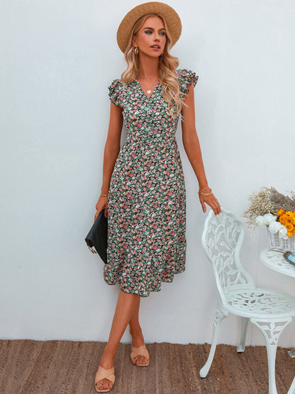 Women's V-neck flying sleeve floral dress long skirt