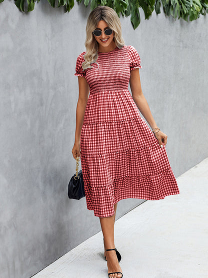 Women's fashion Plaid print pleated short sleeved dress