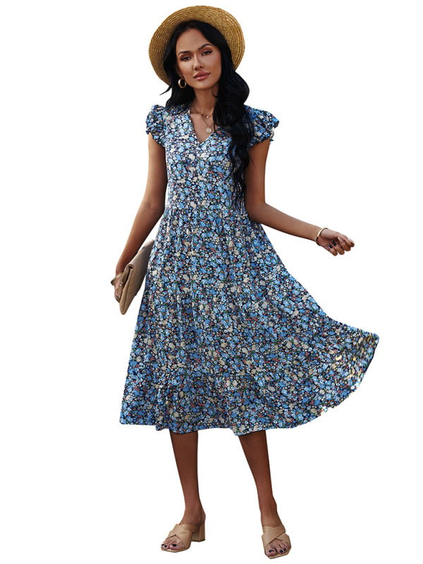 Women's V-neck flying sleeve floral dress long skirt