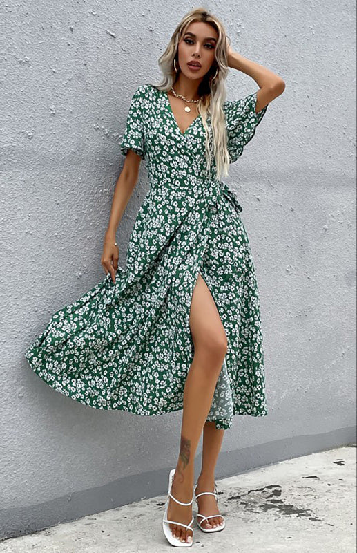 Women's Floral Print V Neck Wrap Knot Side Short Sleeve Dress