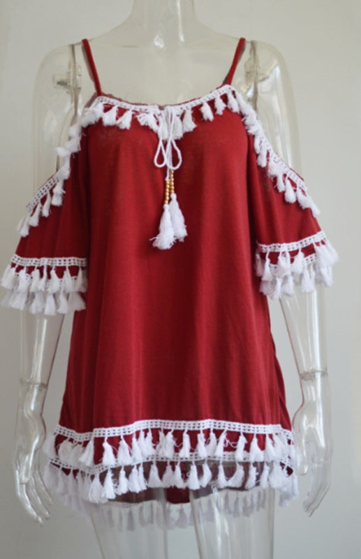 Women's Halter Off Shoulder Fringed Dress