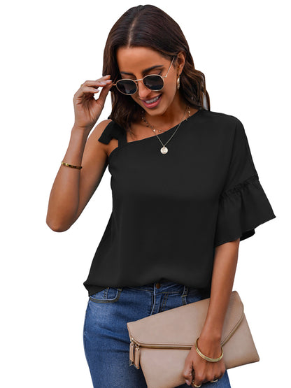 Women's fashion diagonal collar Ruffle Sleeve Chiffon Top