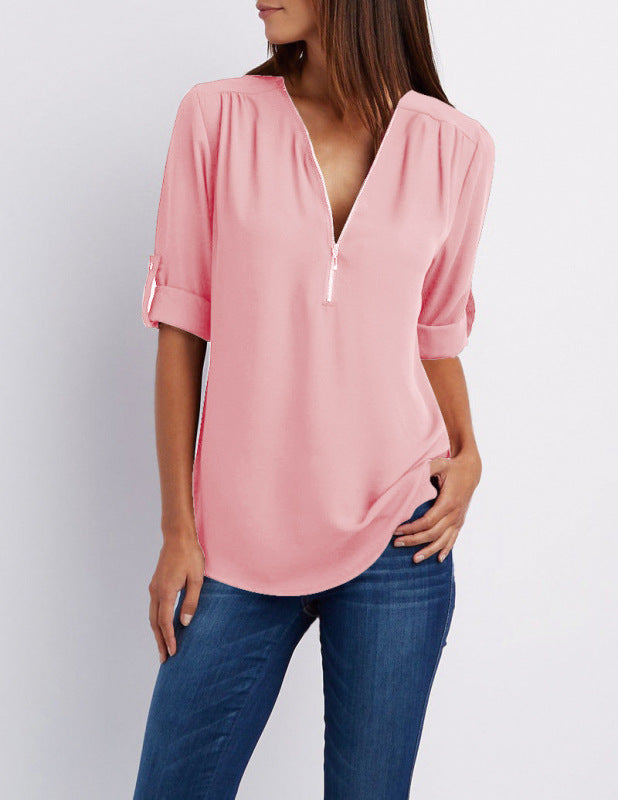 Women's Solid Color Zipper Trim Shirt