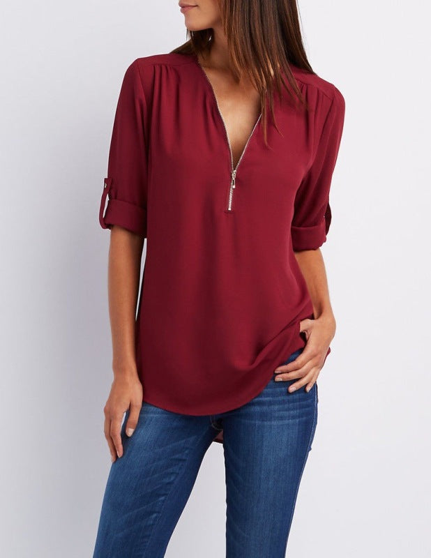 Women's Solid Color Zipper Trim Shirt