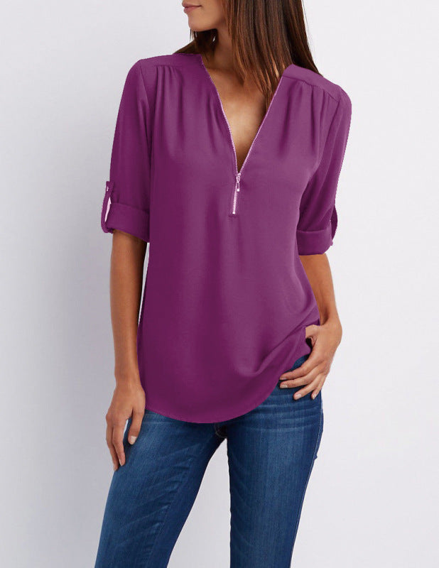 Women's Solid Color Zipper Trim Shirt