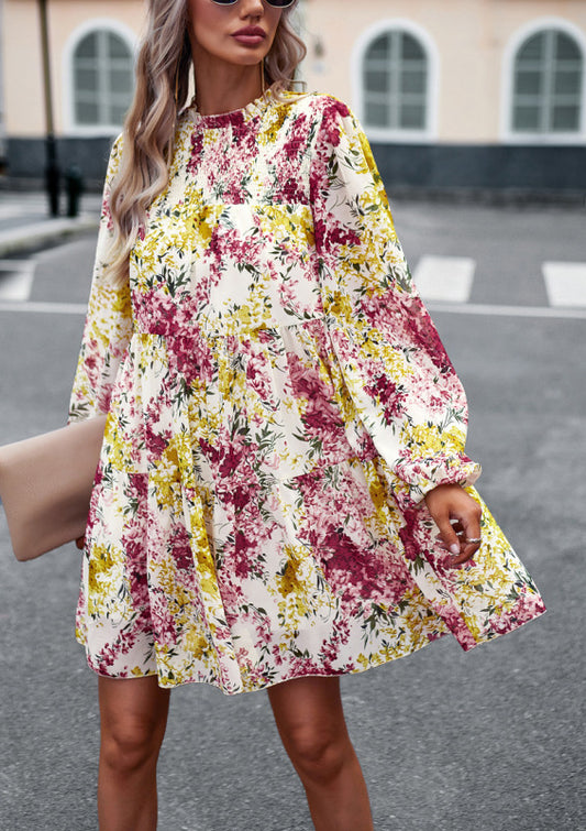 High Neck Stretch Ruffle Long Sleeve Dress