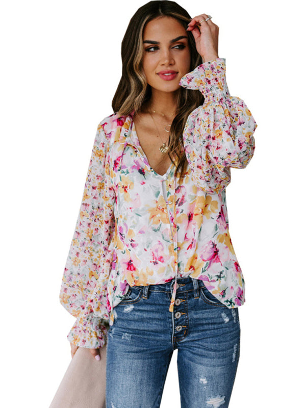 Women's Loose Floral Pattern Fashion Lantern Sleeve Top