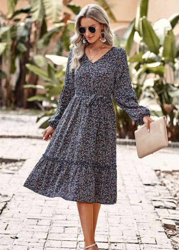 Women's V-Neck Puff Sleeve Swing Skirt Casual Dress