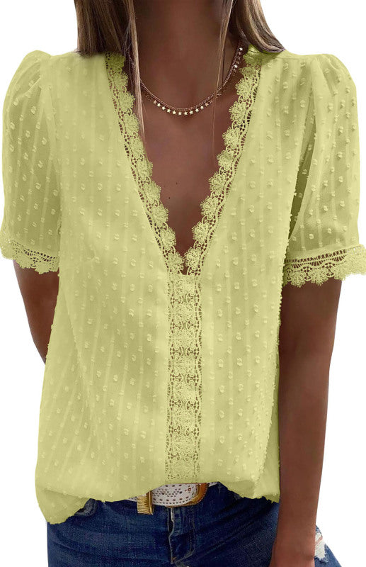 Women’s Lace Splicing V-Neck Swiss Dot Short Sleeve Top