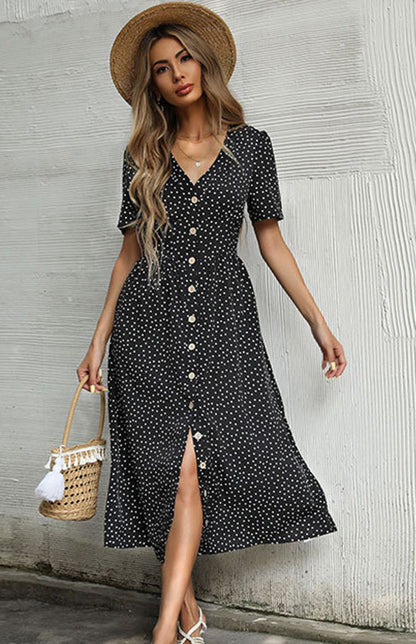 Polka Dot V-Neck Short Sleeve Commuter Dress