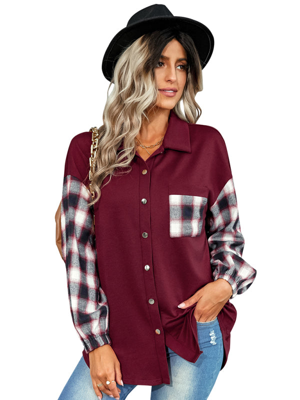 Women's fashion Plaid patchwork Polo loose shirt