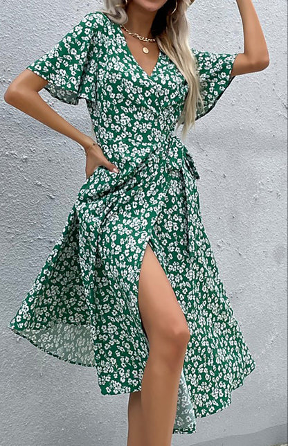 Women's Floral Print V Neck Wrap Knot Side Short Sleeve Dress