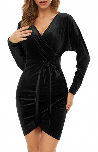 Sexy Velvet V-Neck Slim-Fit Split Cocktail Party Long-Sleeved Dress