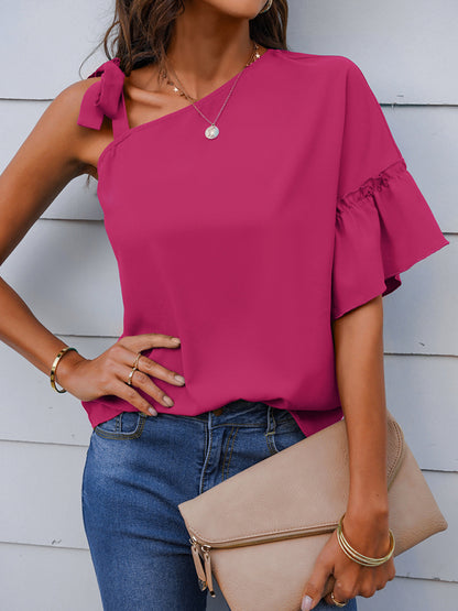 Women's fashion diagonal collar Ruffle Sleeve Chiffon Top