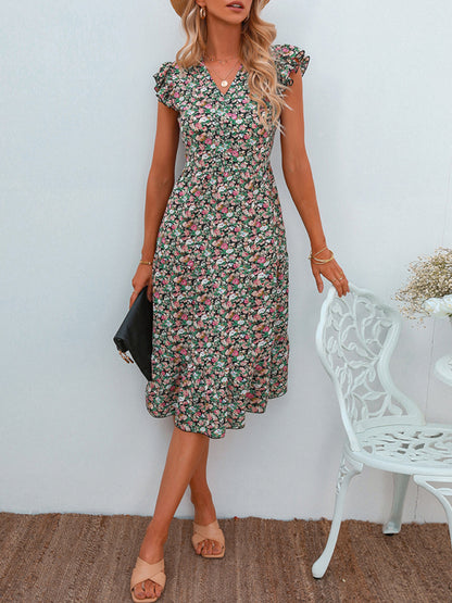 Women's V-neck flying sleeve floral dress long skirt