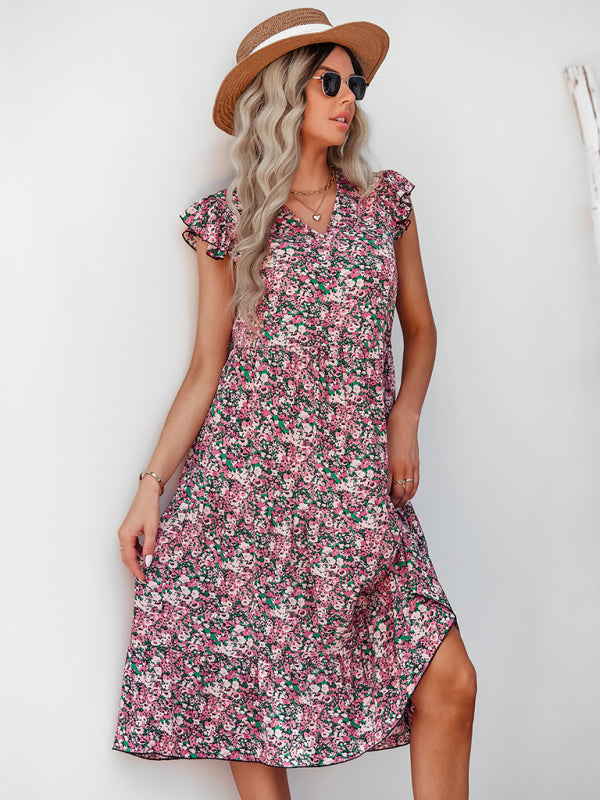 Women's V-neck flying sleeve floral dress long skirt