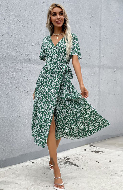 Women's Floral Print V Neck Wrap Knot Side Short Sleeve Dress