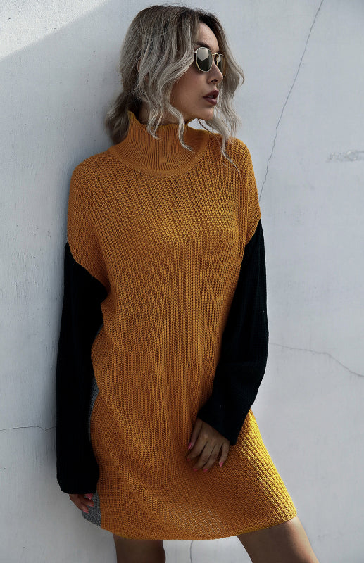 Ladies Pullover Contrast Color Stitching Sweater Dress