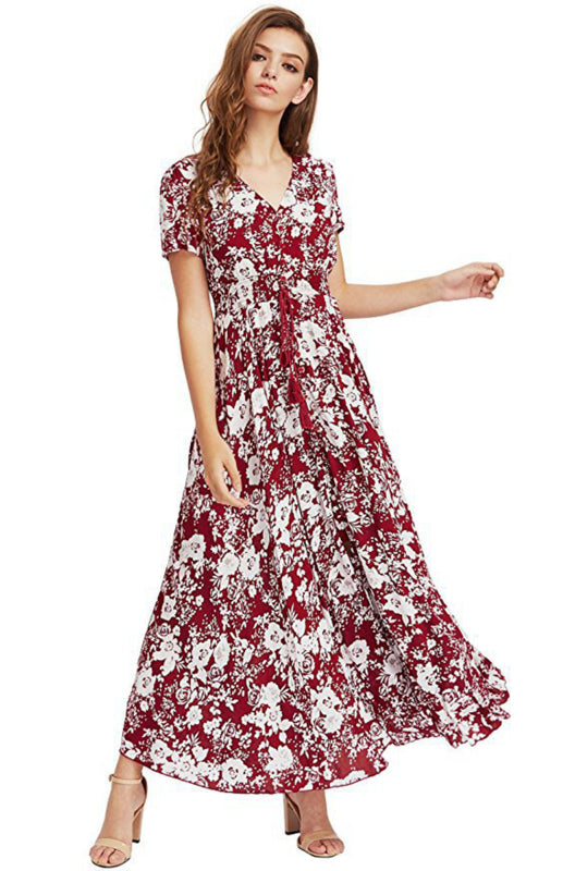 Women's Floral Print V-Neck Split Maxi Dress