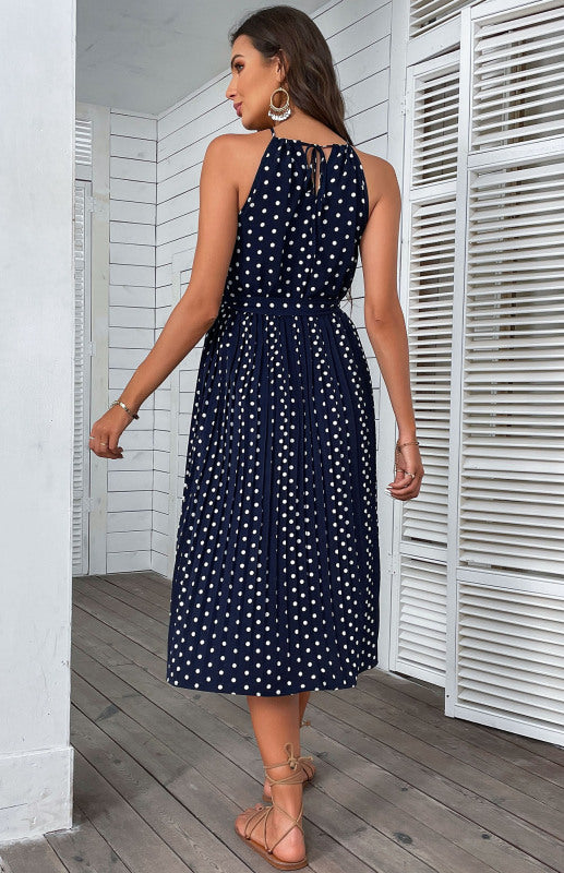 Women's Midi Dress Blue Sling Polka Dot Beach Dress