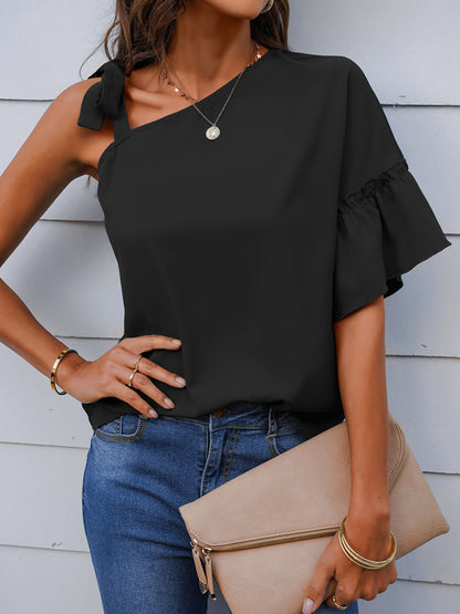 Women's fashion diagonal collar Ruffle Sleeve Chiffon Top