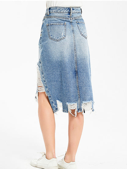 Women's Irregular fringed ripped butt-lifting denim midi skirt