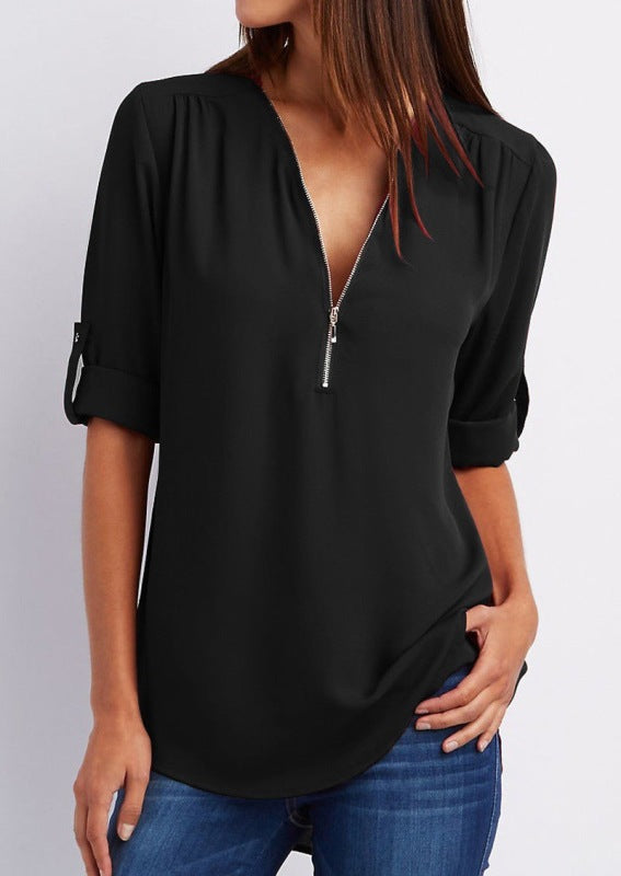 Women's Solid Color Zipper Trim Shirt