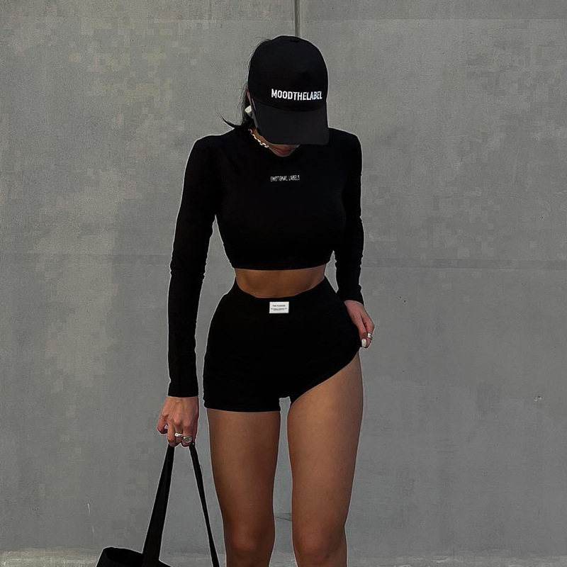 Women's knitted round neck long sleeve + shorts two-piece sets