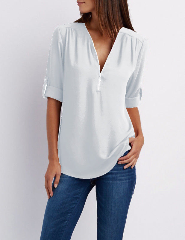 Women's Solid Color Zipper Trim Shirt