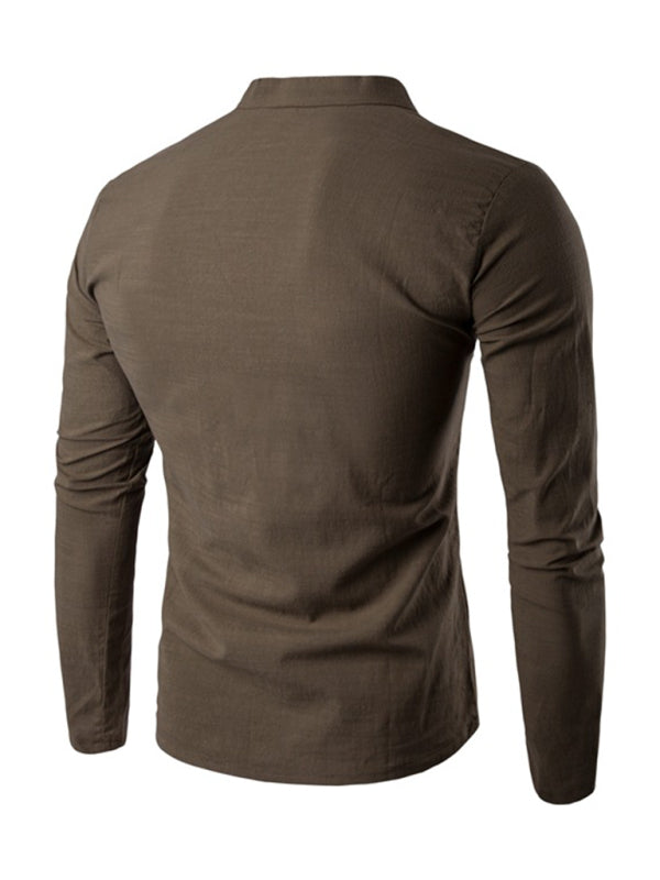 Men's Solid Color Slub Notched Collar With Button Up Long Sleeve T Shirt
