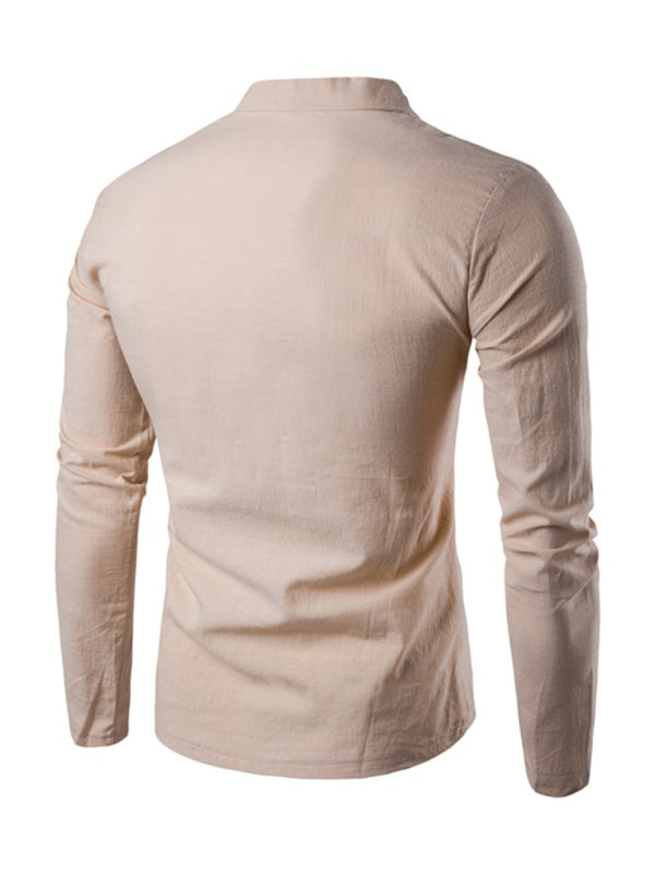 Men's Solid Color Slub Notched Collar With Button Up Long Sleeve T Shirt