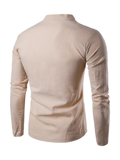 Men's Solid Color Slub Notched Collar With Button Up Long Sleeve T Shirt