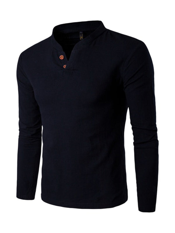 Men's Solid Color Slub Notched Collar With Button Up Long Sleeve T Shirt