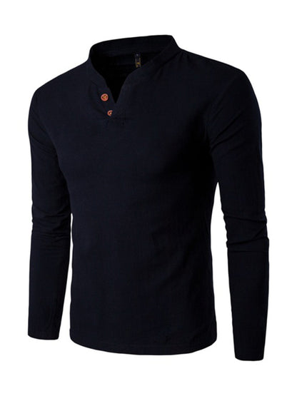 Men's Solid Color Slub Notched Collar With Button Up Long Sleeve T Shirt