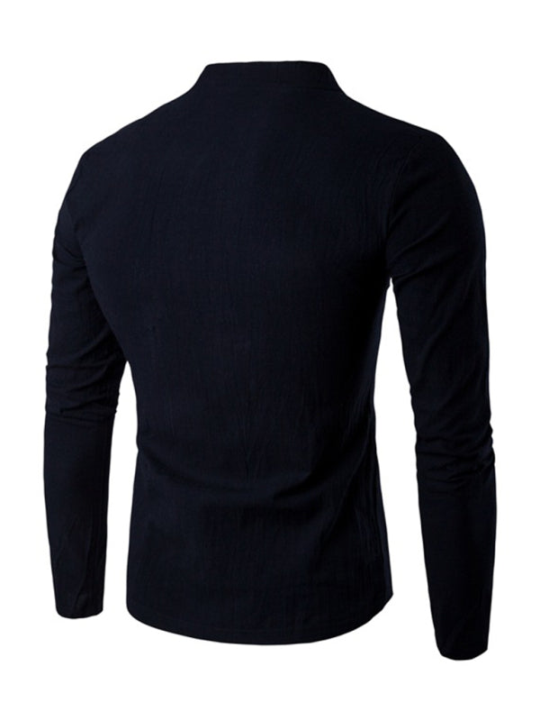 Men's Solid Color Slub Notched Collar With Button Up Long Sleeve T Shirt