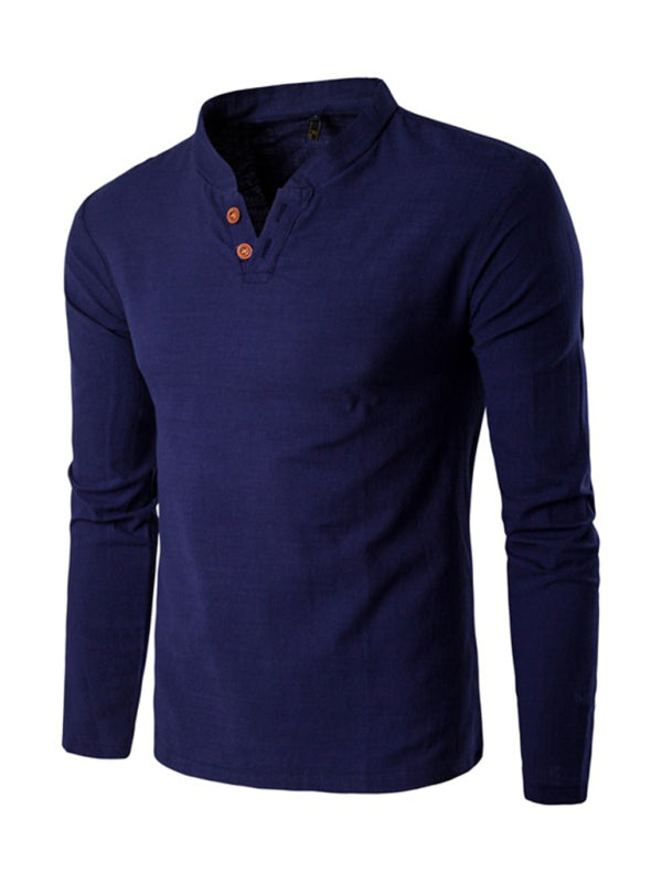 Men's Solid Color Slub Notched Collar With Button Up Long Sleeve T Shirt