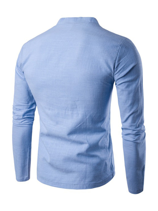 Men's Solid Color Slub Notched Collar With Button Up Long Sleeve T Shirt